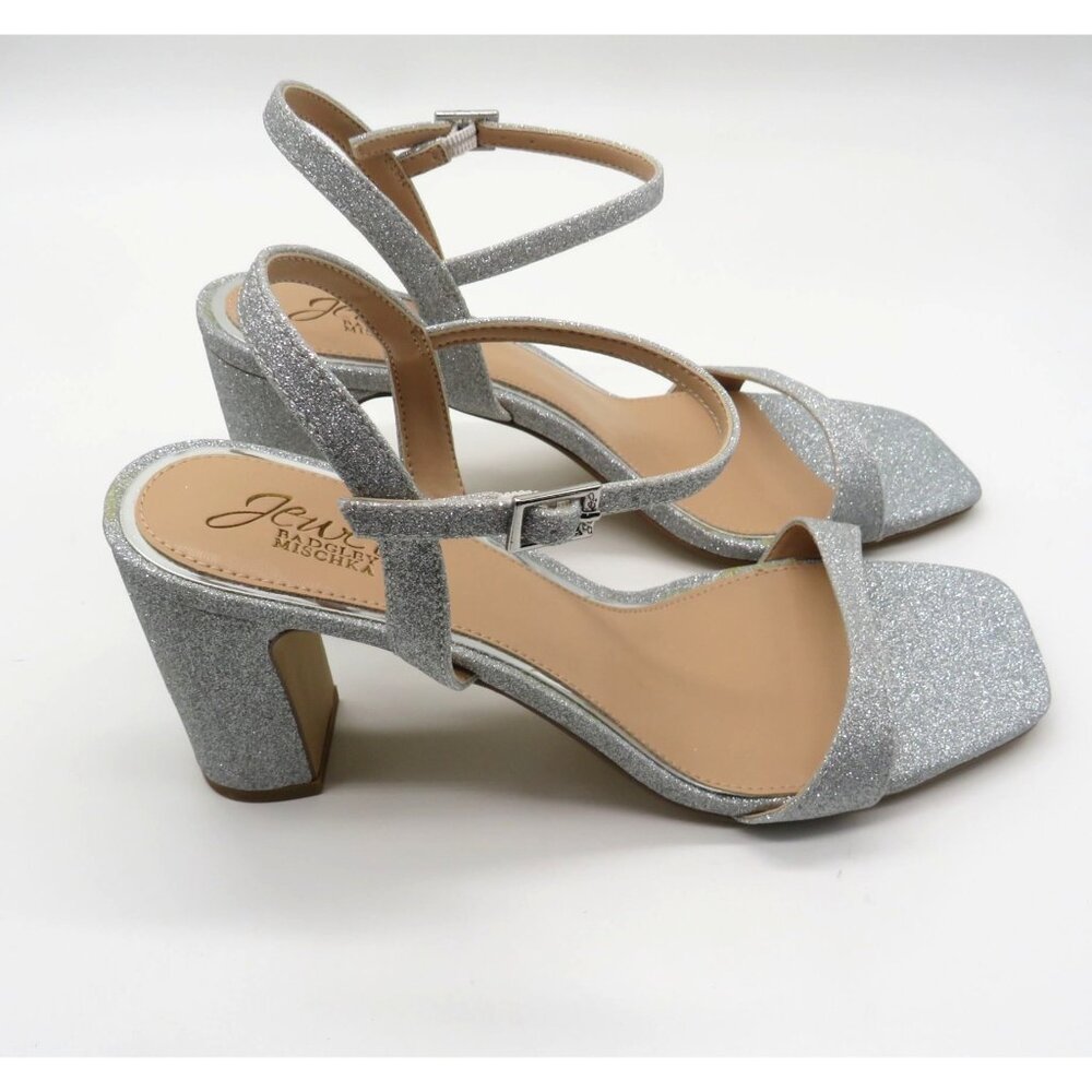 Badgley Mischka Womens Silver Glitter Block Heel Sandals Size 8 NEW